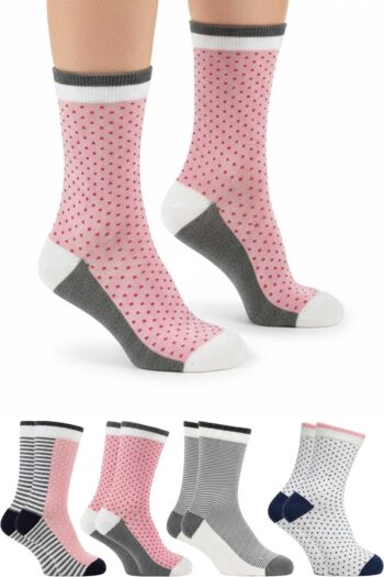 Kadın Pamuklu Soket Çorap Desenli Renkli 4 Çift