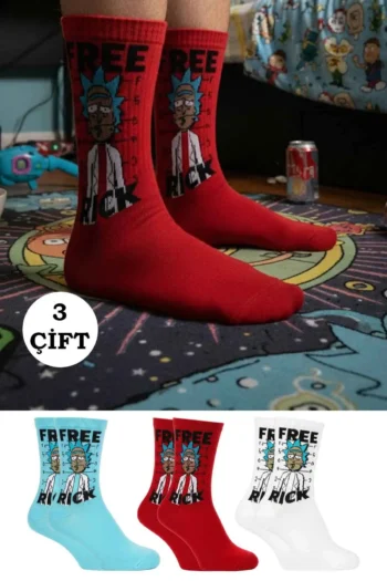Unisex Renkli Free Rıck Desenli Çorap 3 Çift